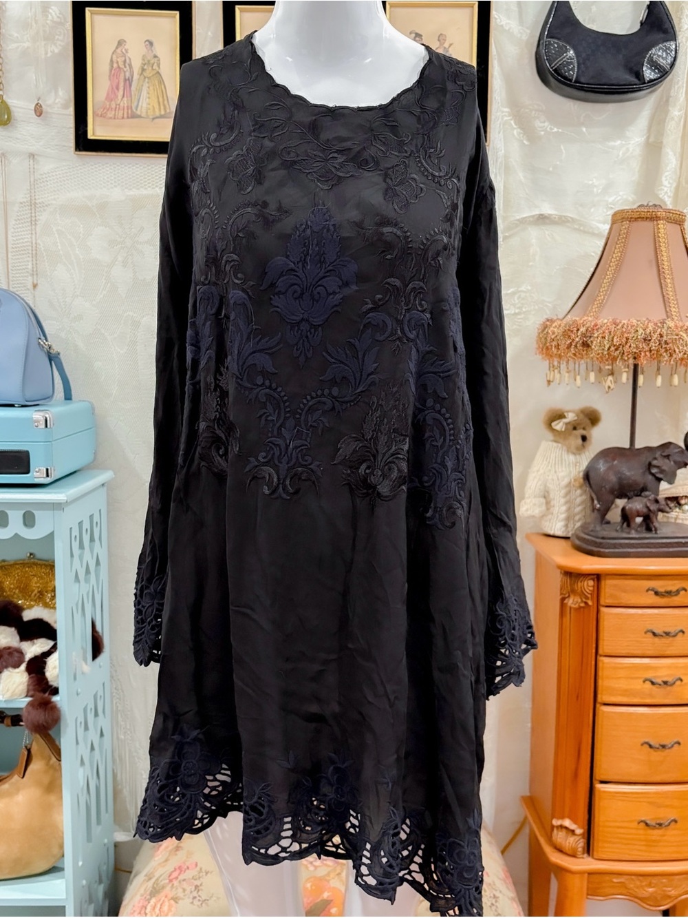 Boho chic dark romantic girly designer lace crochet embroidery black tunic dress